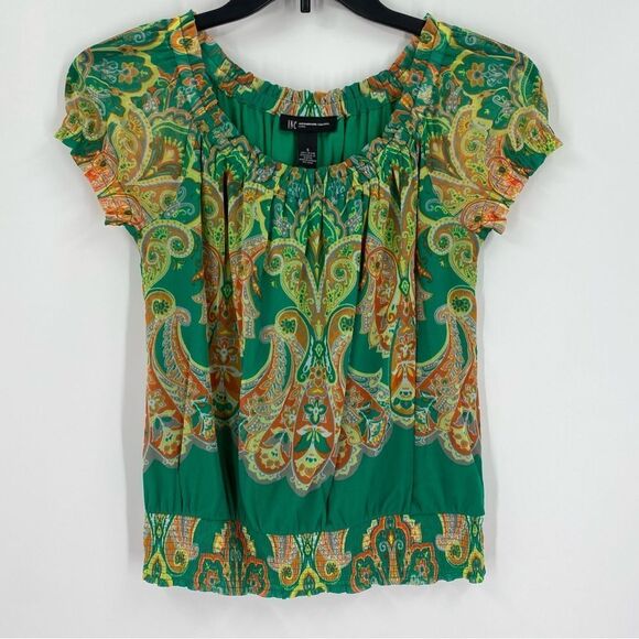 INC Women’s Petite Scoop Elastic Neck Short Sleeve Floral Blouse size S - Picture 1 of 3